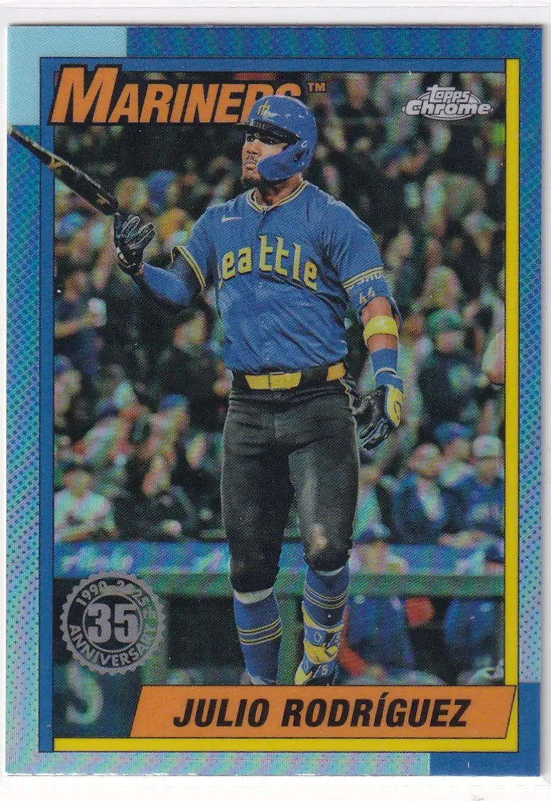 Baseball trading card of Julio Rodriguez in Seattle Mariners Topps Chrome 2025