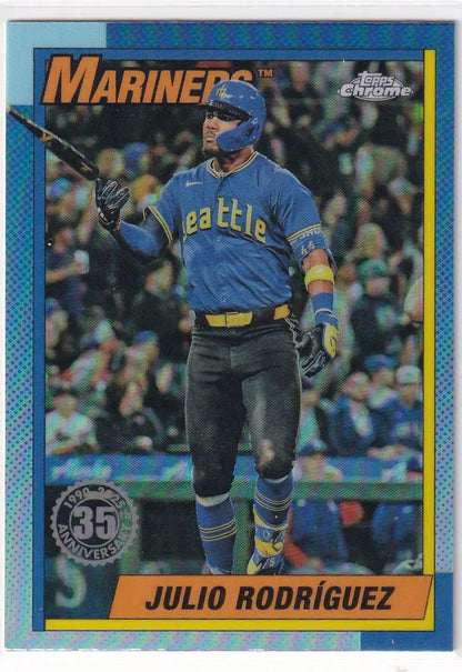 Baseball trading card of Julio Rodriguez in Seattle Mariners Topps Chrome 2025