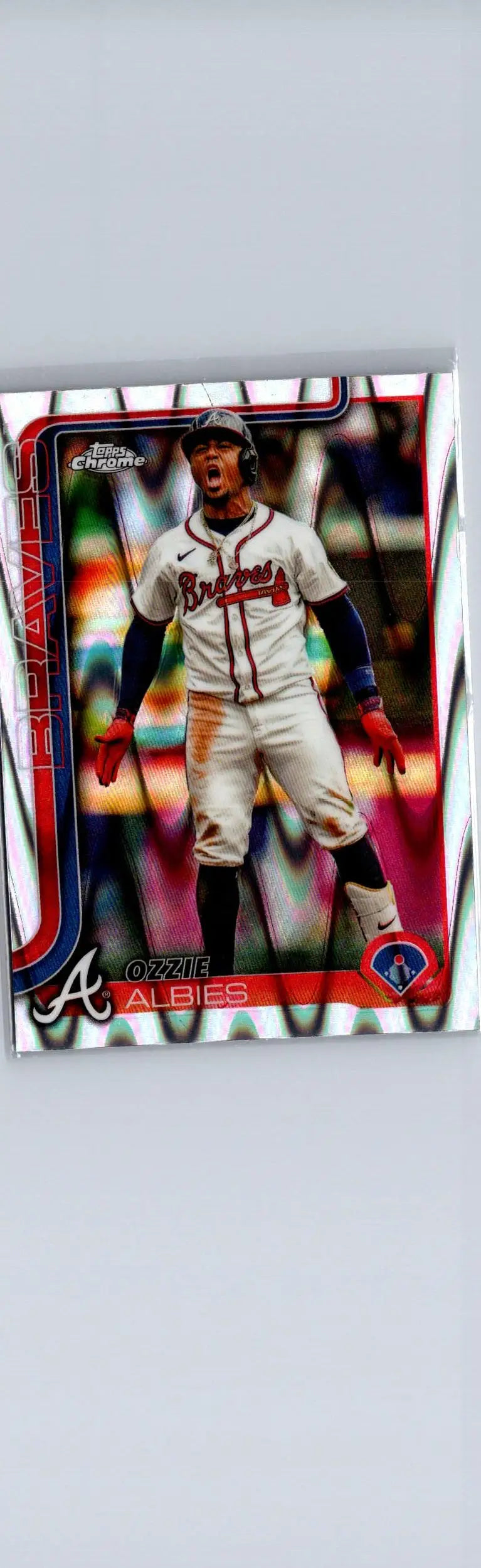 Baseball trading card of Ozzie Albies Raywave Refractors from 2025 Topps Chrome