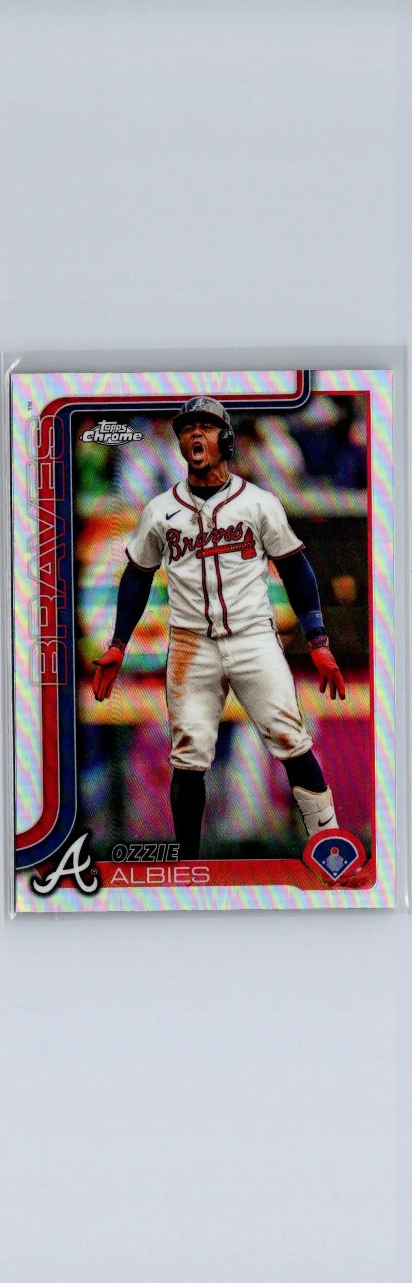 Baseball trading card of Ozzie Albies featuring Ozzie Albies Refractors from 2025 Topps Chrome