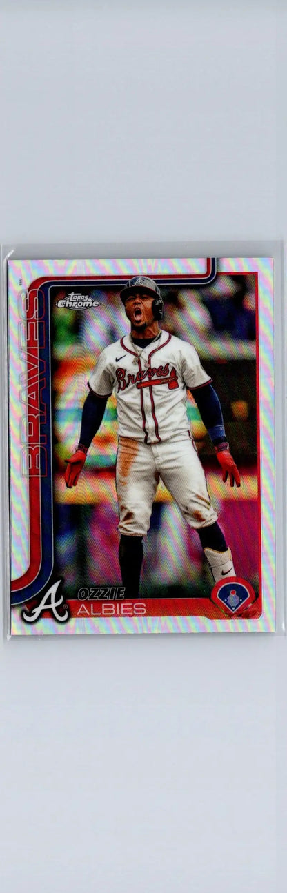Baseball trading card of Ozzie Albies featuring Ozzie Albies Refractors from 2025 Topps Chrome