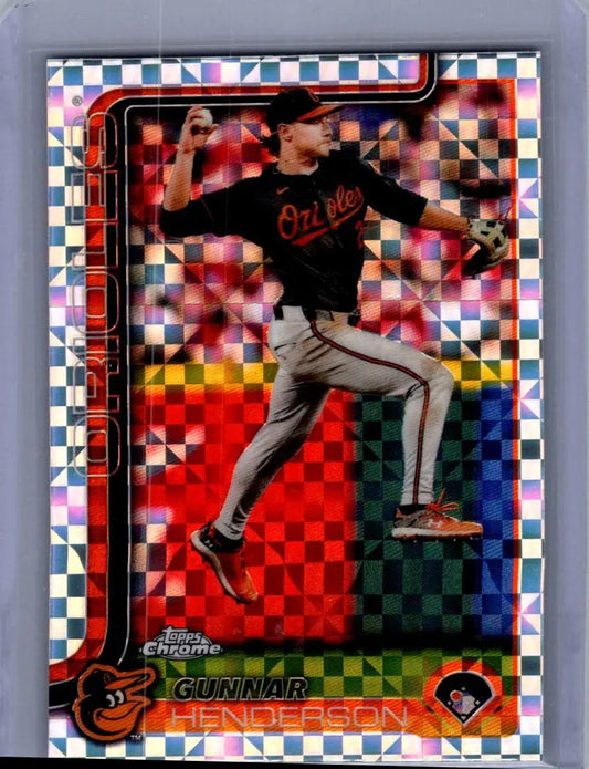 Baseball trading card of Gunnar Henderson from Topps Chrome 2025 with Orioles logo
