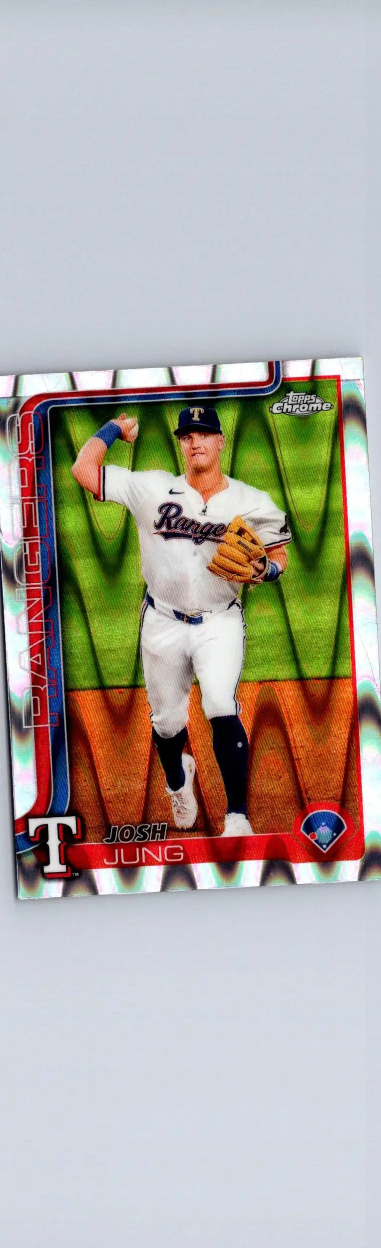 Baseball trading card featuring Josh Jung in a white uniform from 2025 Topps Chrome Raywave Refractors