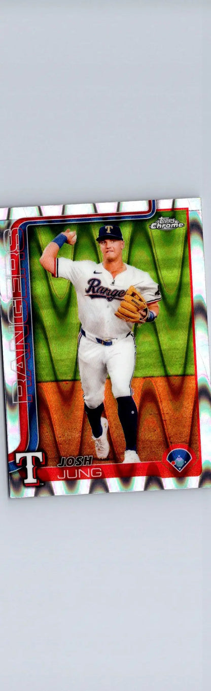 Baseball trading card featuring Josh Jung in a white uniform from 2025 Topps Chrome Raywave Refractors