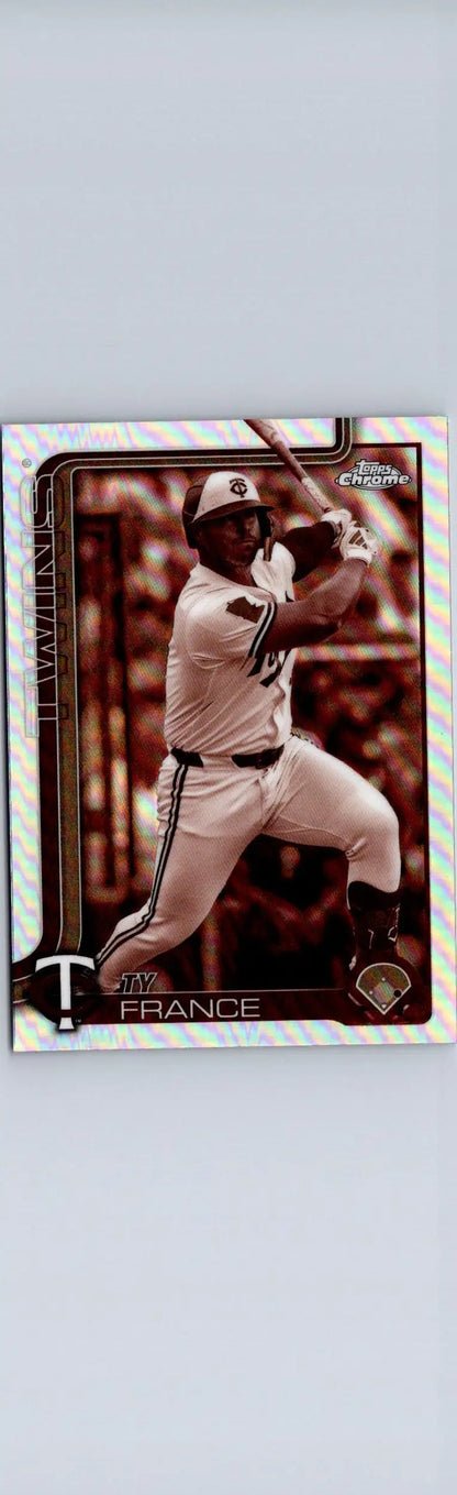 Baseball trading card of Ty France in batting stance from 2025 Topps Chrome France Sepia Refractors