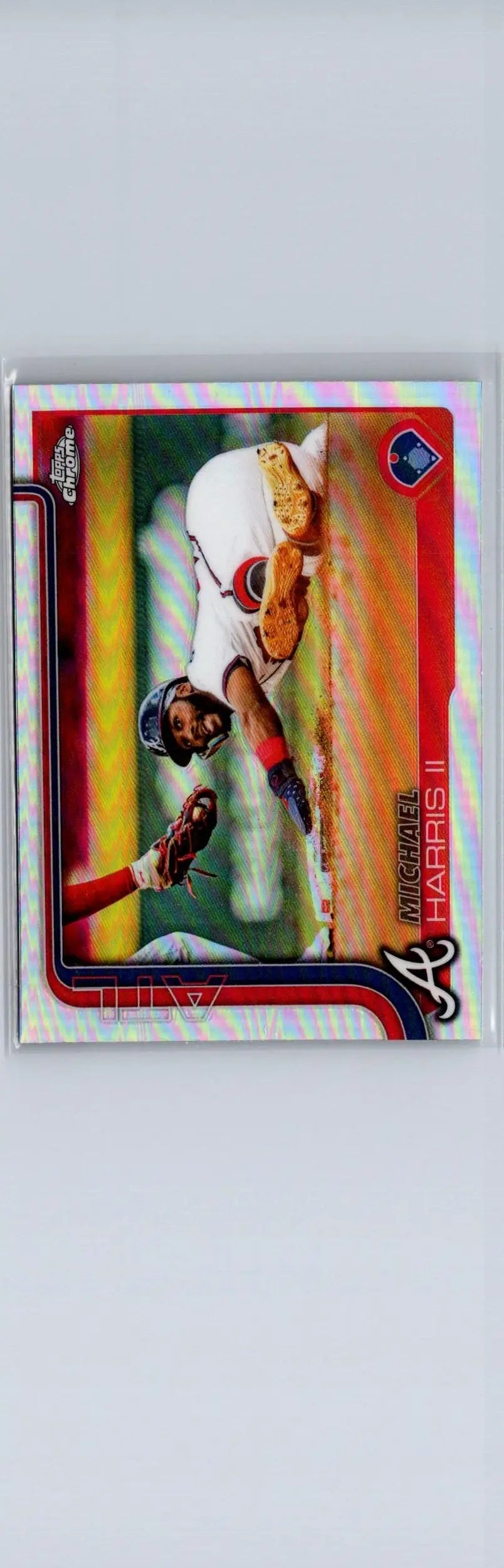 Baseball trading card featuring Michael Harris II sliding in 2025 Topps Chrome Refractors
