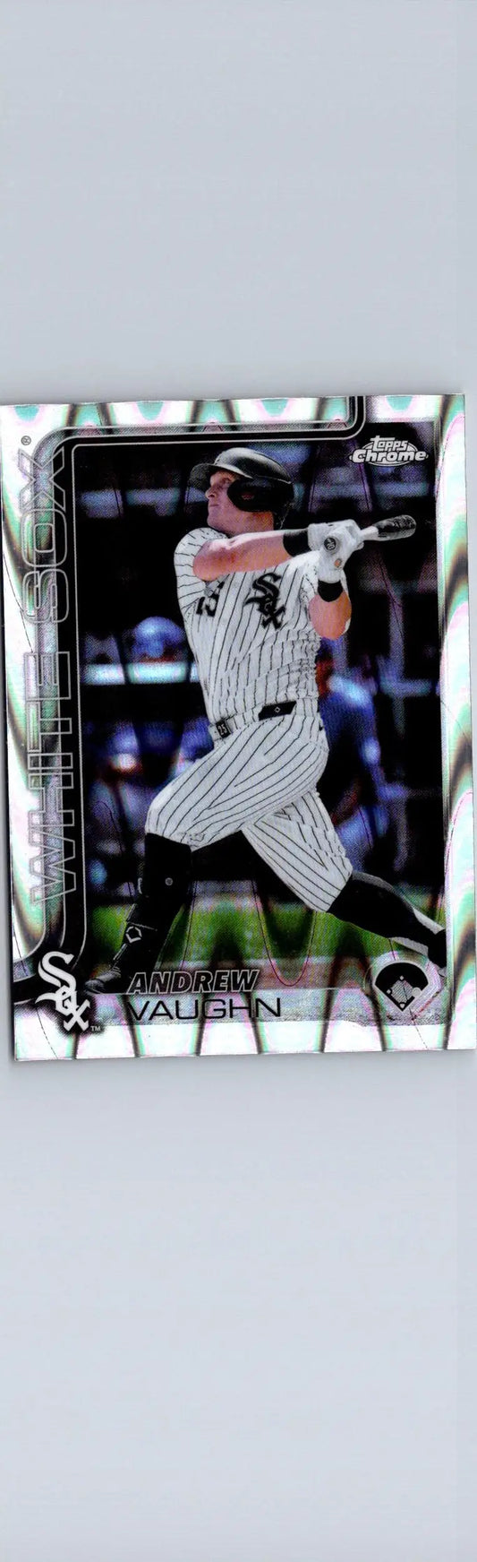 Baseball trading card featuring Andrew Vaughn Raywave Refractors in White Sox uniform