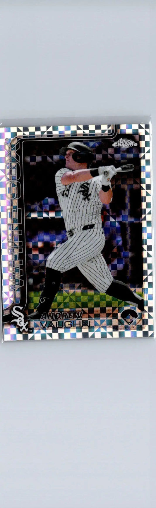 Baseball trading card featuring Andrew Vaughn in a white and black pinstriped uniform from Topps Chrome