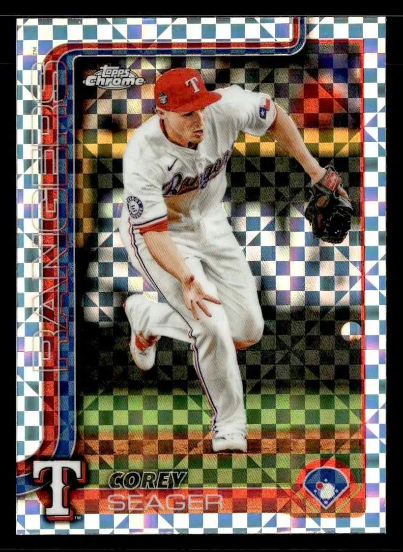 Baseball trading card featuring Corey Seager of the Texas Rangers from Topps Chrome 2025