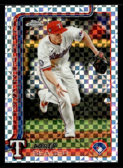 Baseball trading card featuring Corey Seager of the Texas Rangers from Topps Chrome 2025