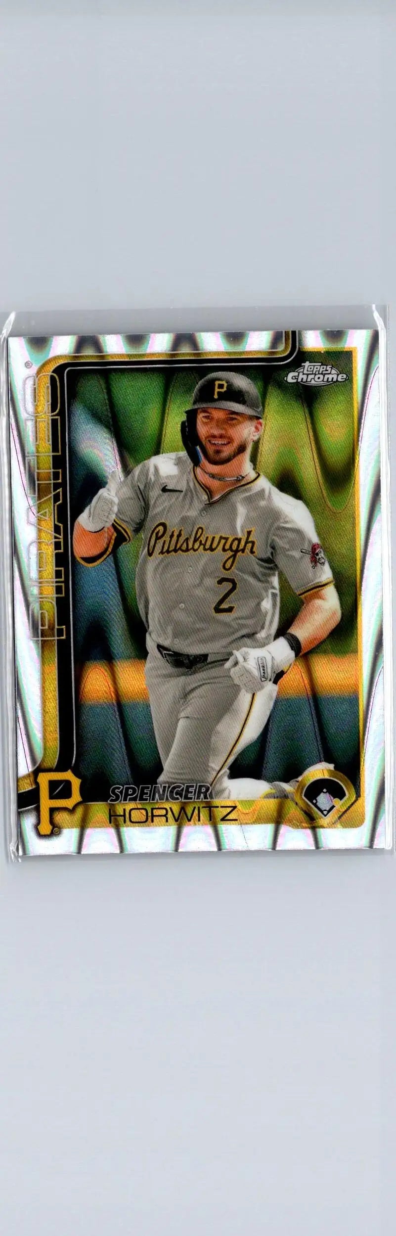Baseball trading card of Spencer Horwitz in Pirates uniform from 2025 Topps Chrome Raywave Refractors