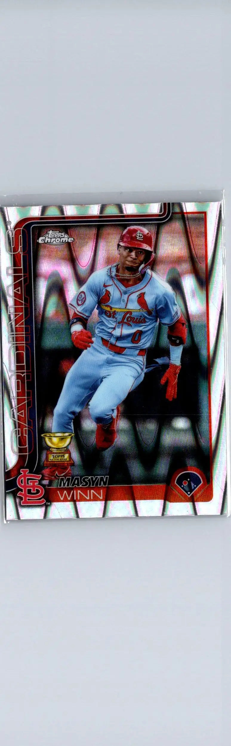 Baseball trading card of Masyn Winn in a light blue uniform from 2025 Topps Chrome Winn Raywave Refractors