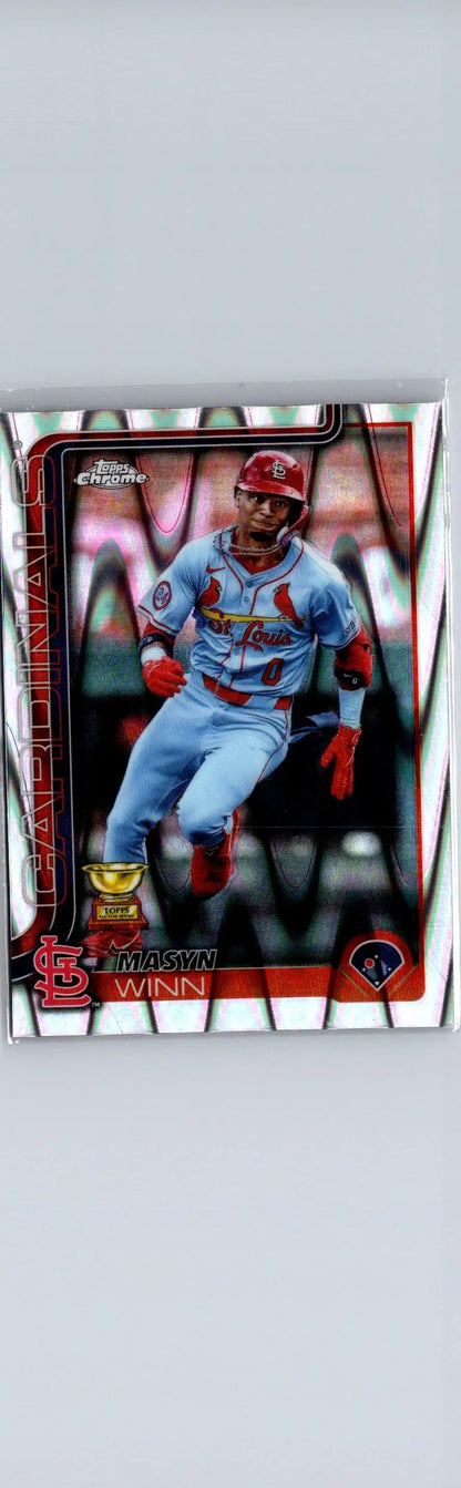 Baseball trading card of Masyn Winn in a light blue uniform from 2025 Topps Chrome Winn Raywave Refractors