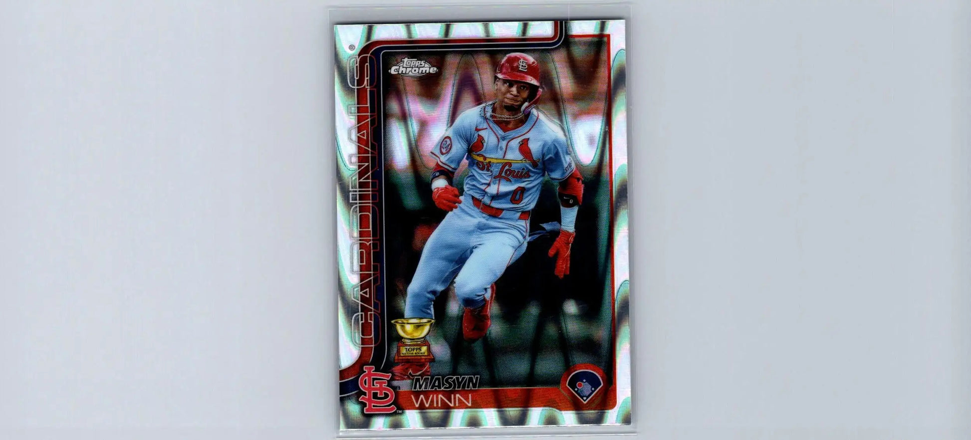 Baseball trading card featuring Masyn Winn in light blue and red uniform from 2025 Topps Chrome Winn Raywave Refractors