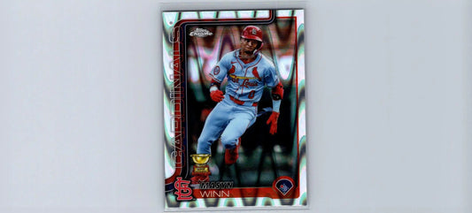 Baseball trading card featuring Masyn Winn in light blue and red uniform from 2025 Topps Chrome Winn Raywave Refractors