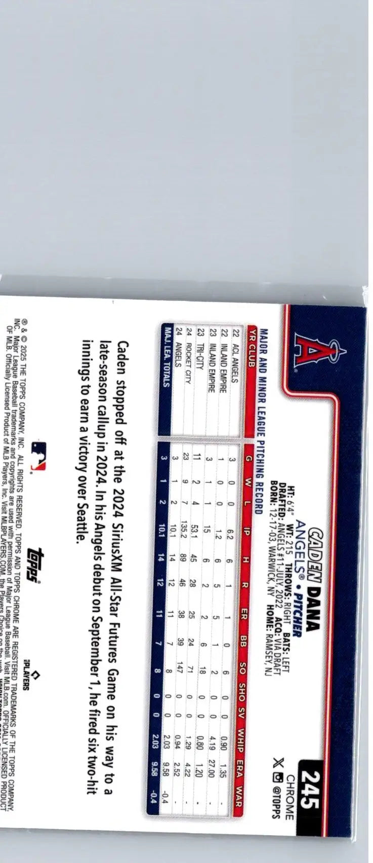 Baseball trading card of Caden Dana from 2025 Topps Chrome X-Fractors series