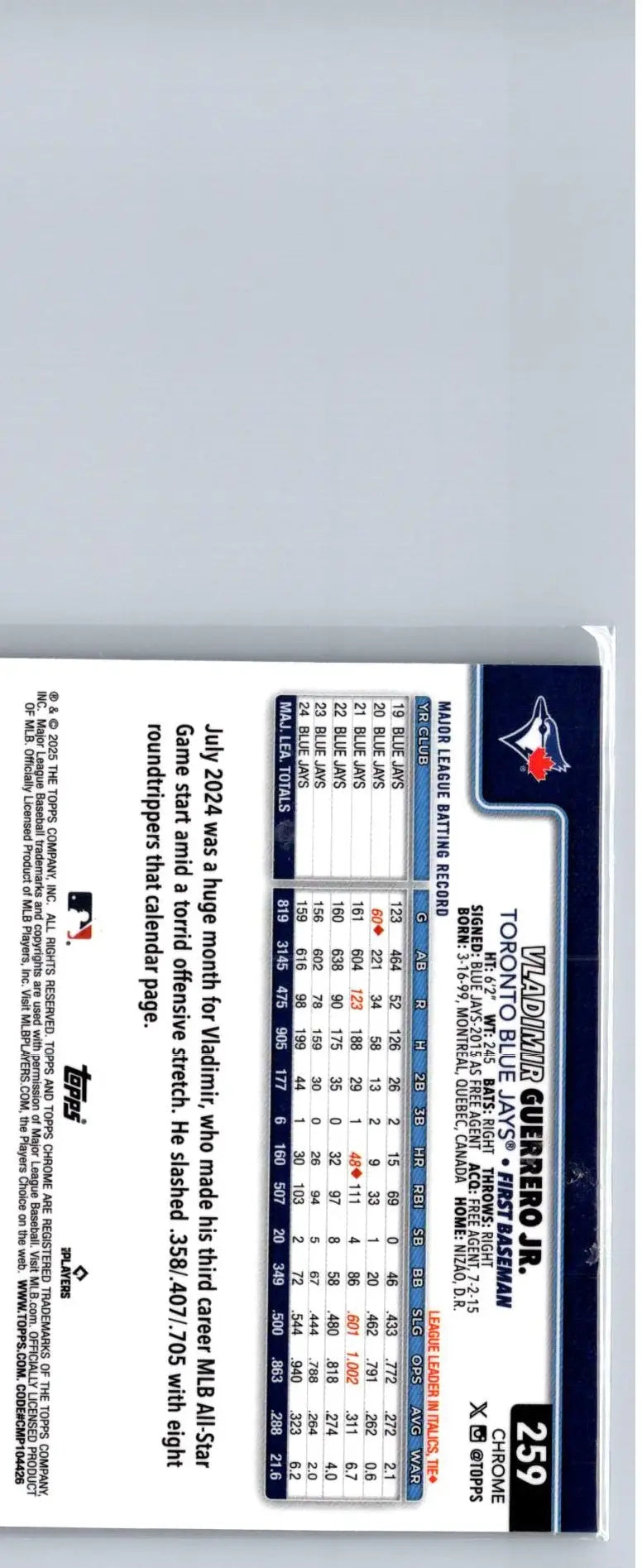 Back of 2025 Topps Chrome Vladimir Guerrero Jr. trading card with stats and description