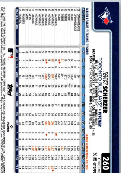 Back of a Max Scherzer baseball card from 2025 Topps Chrome Raywave Refractors
