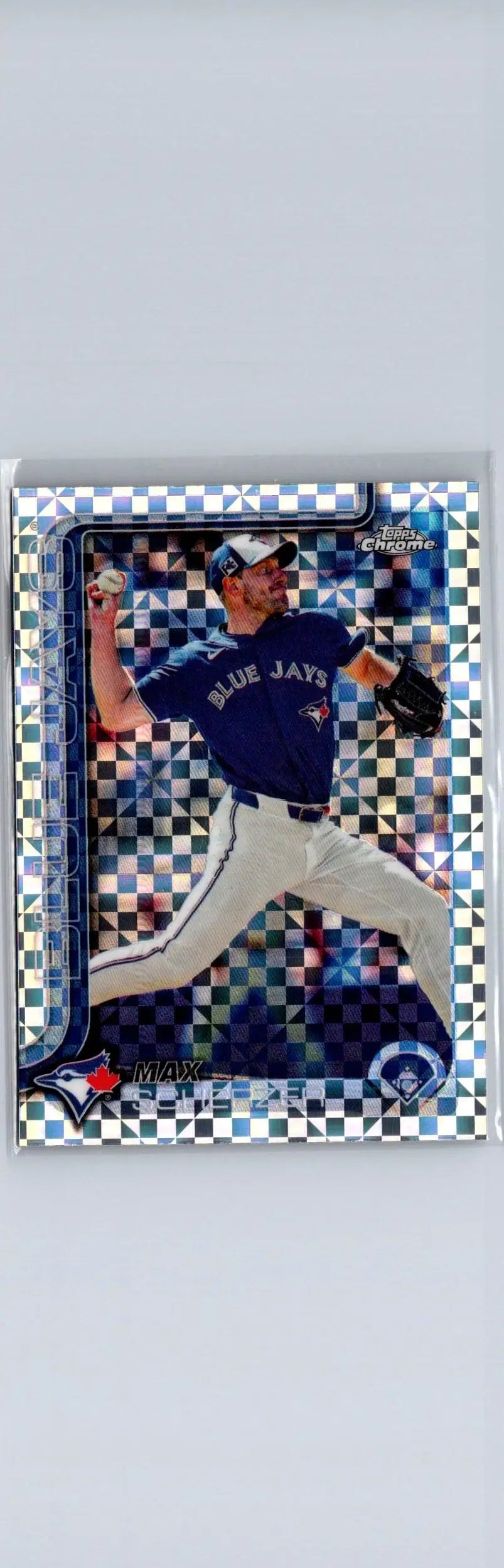 2025 Topps Chrome Max Scherzer trading card with Blue Jays player and checkerboard holographic design