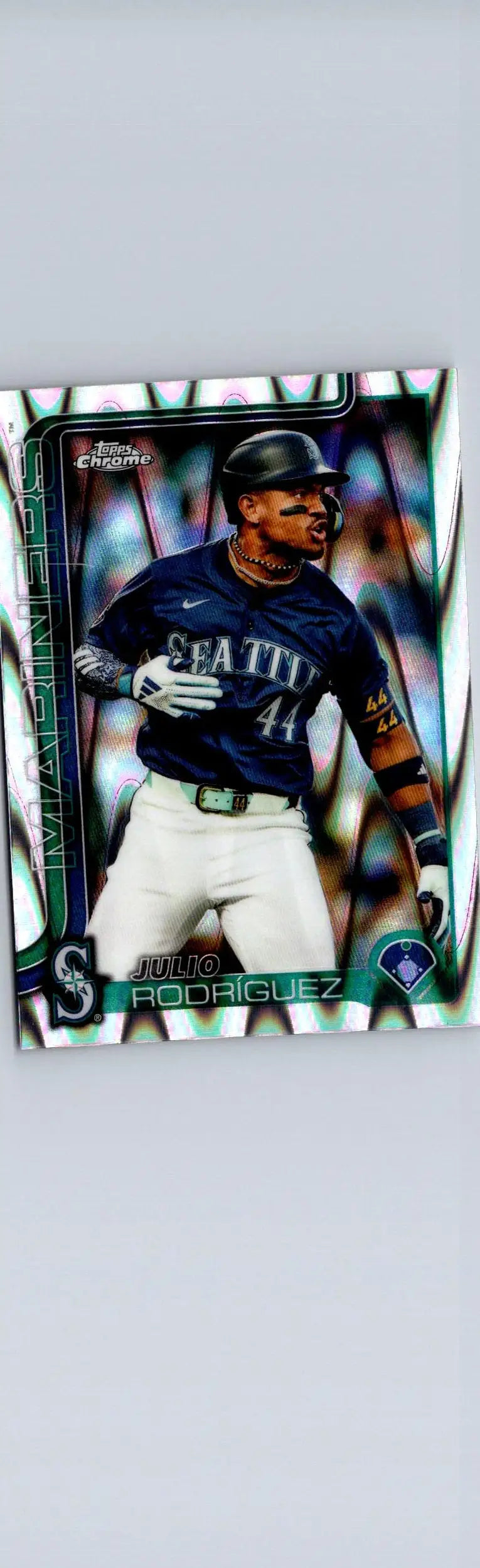 2025 Topps Chrome Julio Rodríguez Raywave Refractors trading card featuring Julio Rodriguez in Mariners uniform