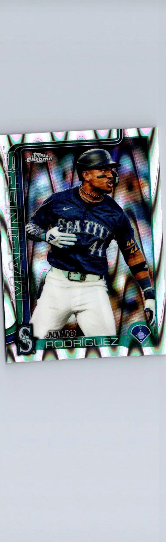 2025 Topps Chrome Julio Rodríguez Raywave Refractors trading card featuring Julio Rodriguez in Mariners uniform