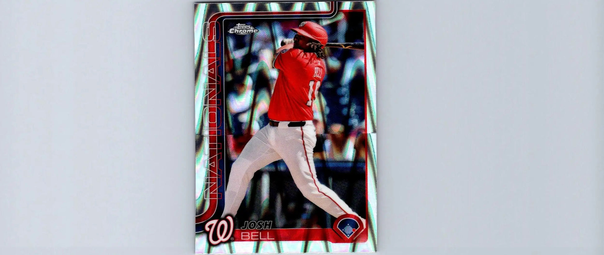 Baseball trading card featuring Josh Bell in batting pose from 2025 Topps Chrome Bell Raywave Refractors
