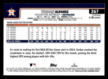 Yordan Alvarez Houston Astros 2025 Topps Chrome trading card with batting record
