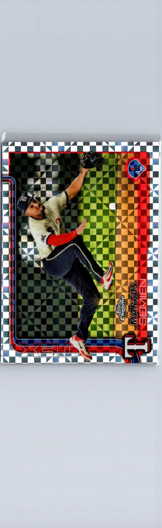 Baseball trading card featuring Marcus Semien in dynamic pose on Topps Chrome X-Fractors