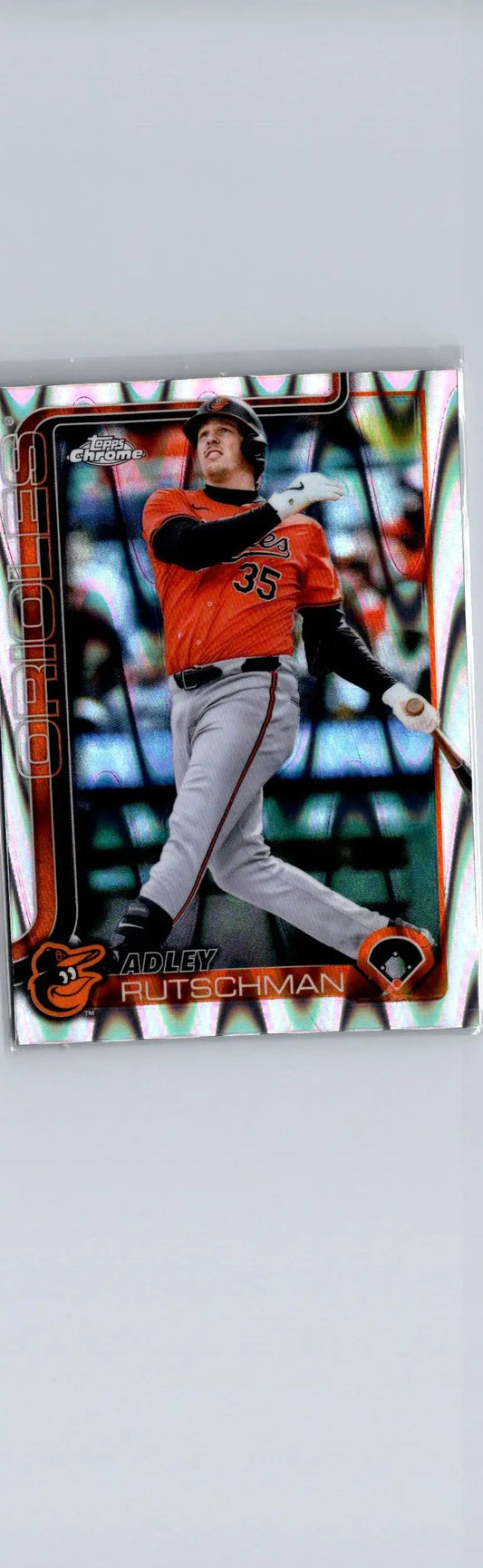 Adley Rutschman Raywave Refractors baseball trading card in orange jersey and grey pants