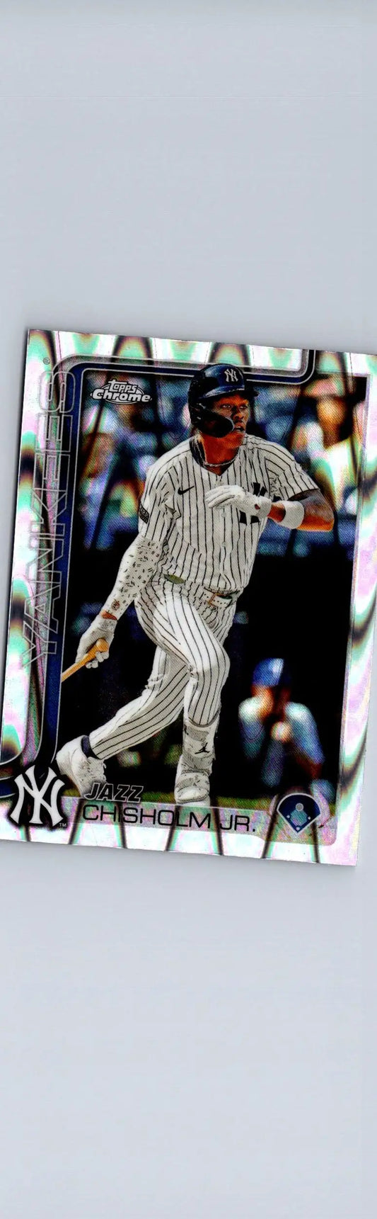 Baseball trading card of Jazz Chisholm in Yankees uniform from 2025 Topps Chrome Raywave Refractors