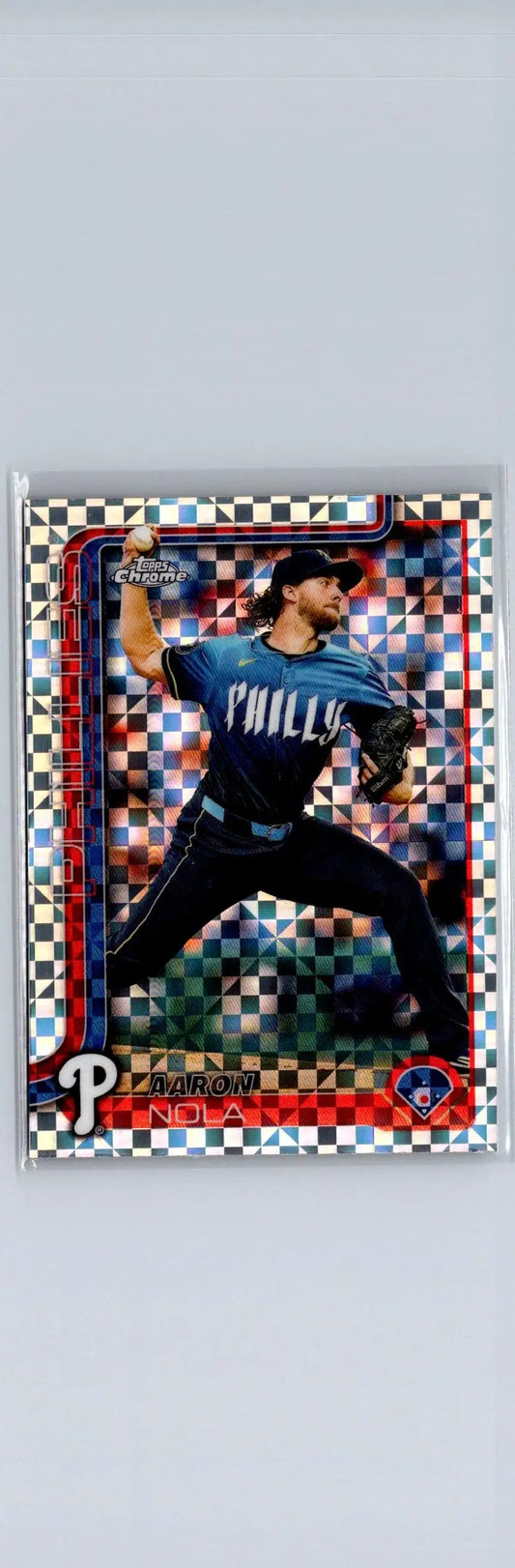 Baseball trading card featuring Aaron Nola in a pitching pose from Topps Chrome 2025