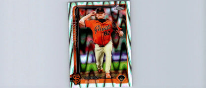 Baseball trading card featuring Logan Webb in an orange jersey from 2025 Topps Chrome Webb Raywave Refractors