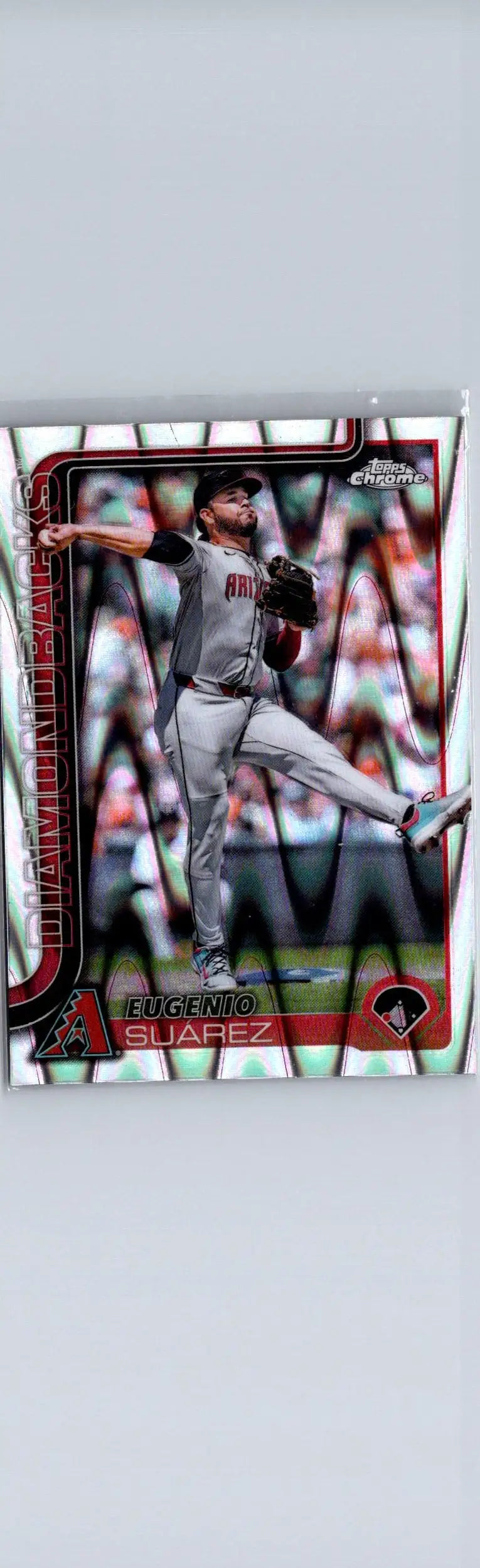 Baseball trading card featuring Eugenio Suárez in mid-pitch from 2025 Topps Chrome Raywave Refractors