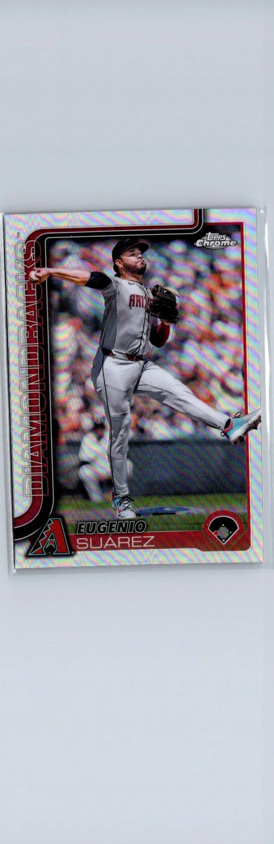 Baseball trading card featuring Eugenio Suárez from 2025 Topps Chrome Refractors
