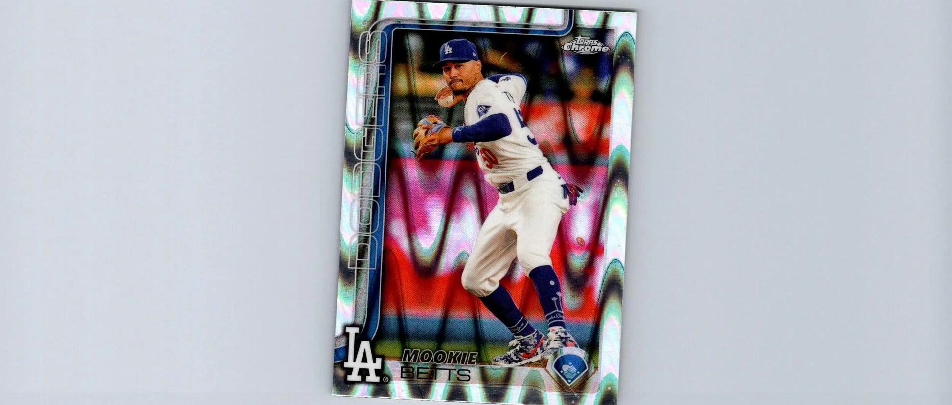 Baseball trading card featuring Mookie Betts Raywave Refractors in Dodgers uniform