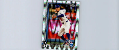 Baseball trading card featuring Mookie Betts Raywave Refractors in Dodgers uniform