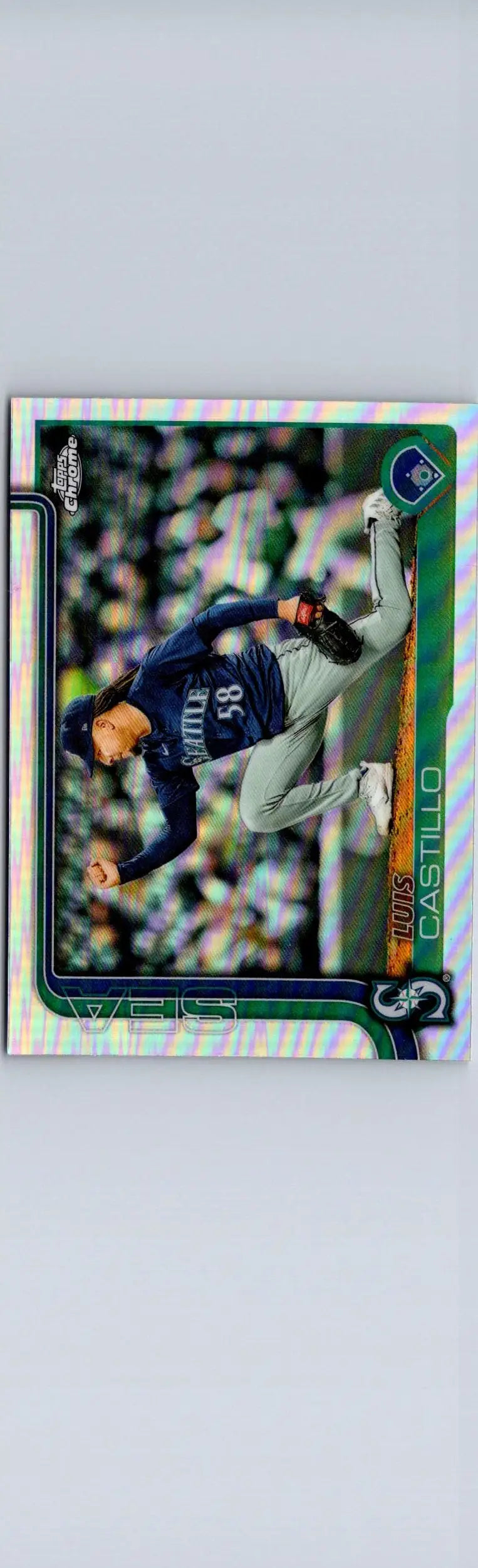 Baseball trading card of Luis Castillo in pitching motion from 2025 Topps Chrome Refractors