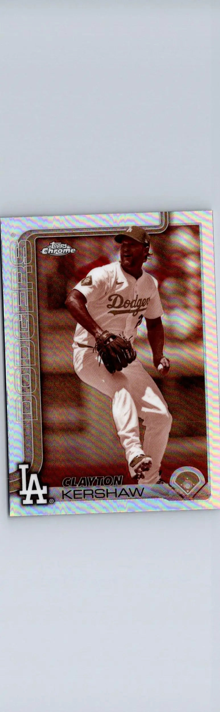 Baseball trading card of Clayton Kershaw in Dodgers uniform from 2025 Topps Chrome Kershaw Sepia Refractors