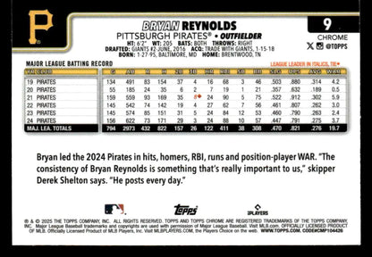 Baseball trading card of Bryan Reynolds from 2025 Topps Chrome Pittsburgh Pirates