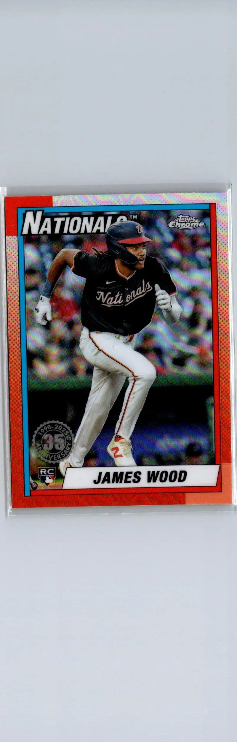 Baseball trading card featuring James Wood of the Nationals from 2025 Topps Chrome 35th Anniversary