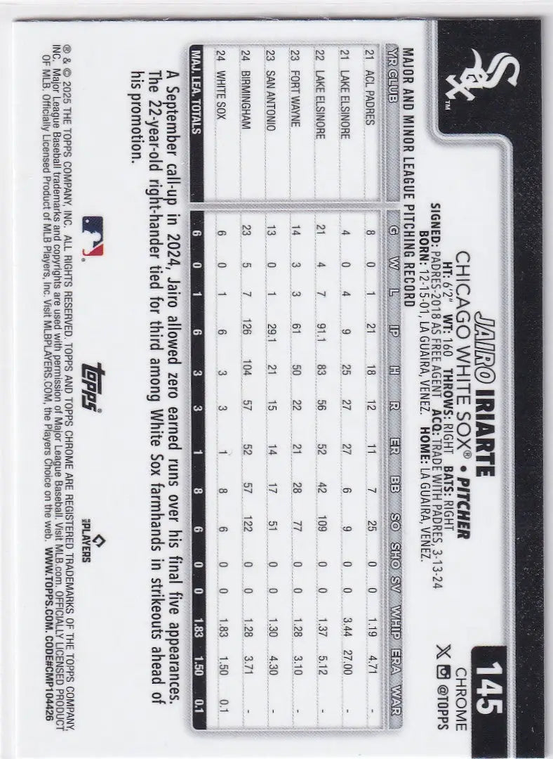 Jairo Iriarte Topps Chrome Baseball card featuring Chicago White Sox player at 2025 Topps Chrome Baseball
