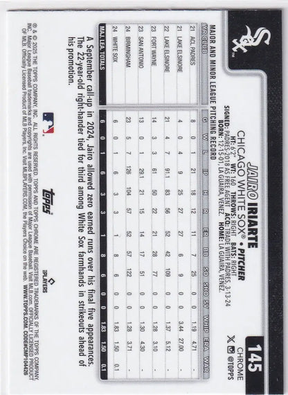 Jairo Iriarte Topps Chrome Baseball card featuring Chicago White Sox player at 2025 Topps Chrome Baseball