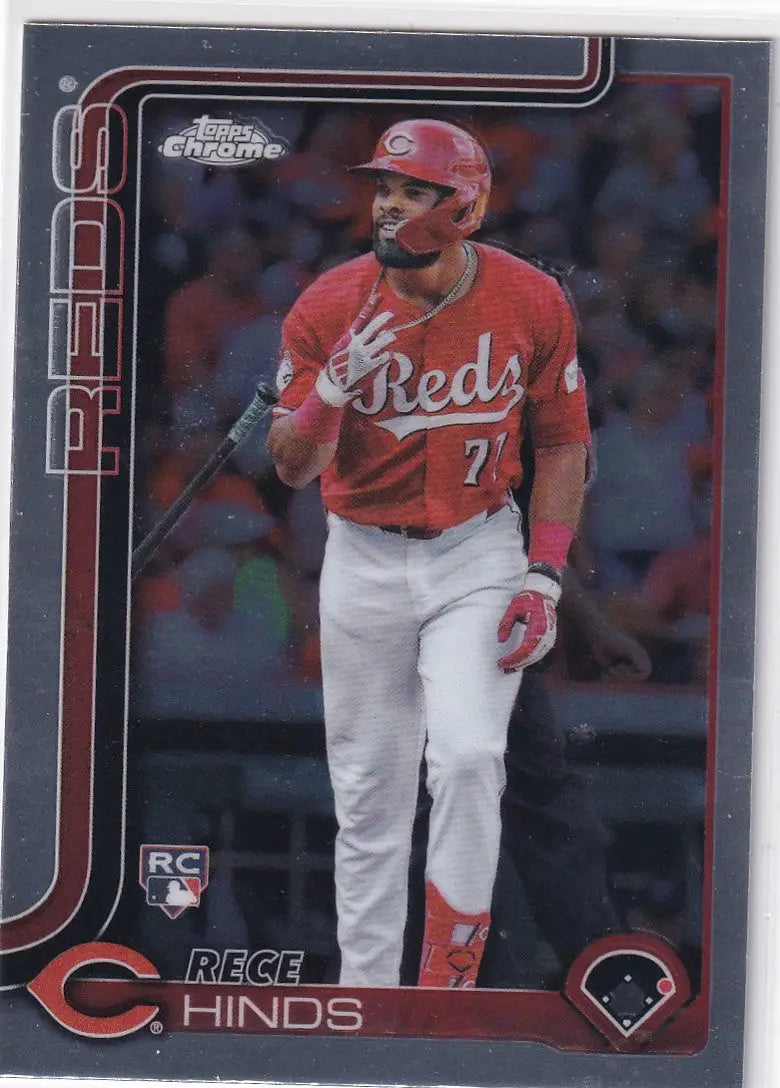 Baseball trading card featuring a player in red uniform from 2025 Topps Chrome Baseball series