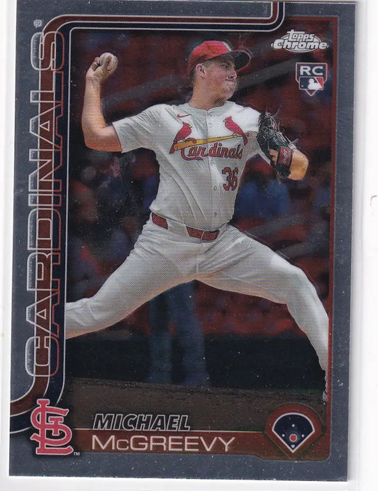 2025 Topps Chrome Baseball card featuring Michael McGreevy of the St. Louis Cardinals