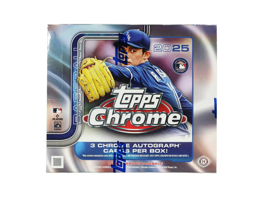 Sealed 2025 Topps Chrome Baseball hobby jumbo box with 3 autograph cards inside