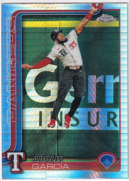 Baseball trading card of Adolis García in Texas Rangers uniform from Topps Chrome Baseball