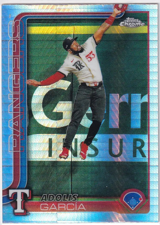 Baseball trading card of Adolis García in Texas Rangers uniform from Topps Chrome Baseball