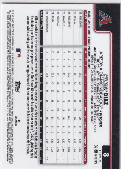 Back of a 2025 Topps Chrome Baseball Prism Yilber Diaz trading card with player stats