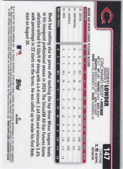Back of 2025 Topps Chrome Baseball Refractor Rhett Lowder Cincinnati Reds card showing stats
