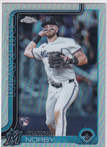 Baseball trading card of Connor Norby Miami Marlins from 2025 Topps Chrome Baseball Refractor
